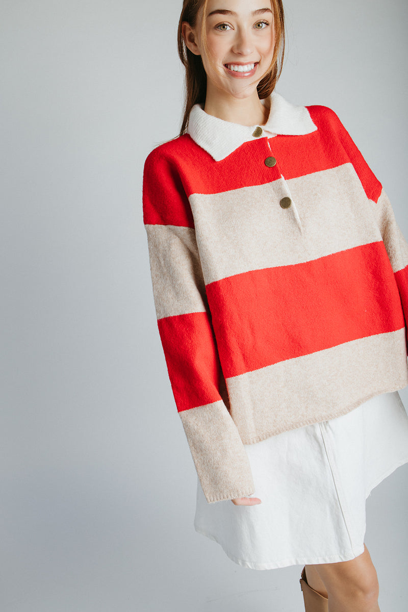 The Danielson Striped Polo Sweater in Taupe + Red