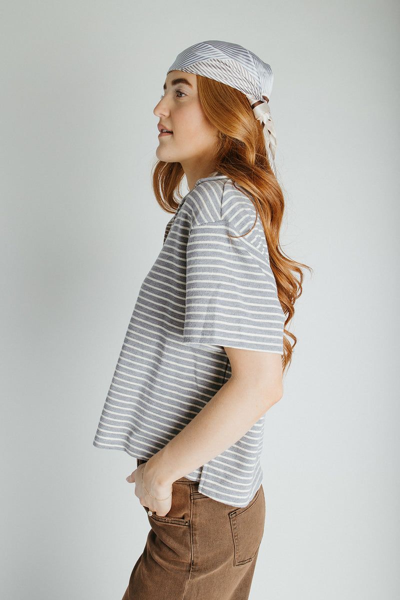 The Lando Collared Blouse In Grey + Cream Stripe