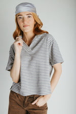 The Lando Collared Blouse In Grey + Cream Stripe
