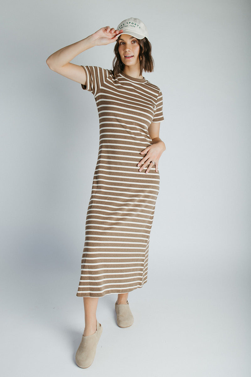 The Blaine Striped Midi Dress in Brown + Ivory