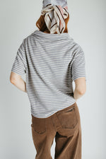The Lando Collared Blouse In Grey + Cream Stripe