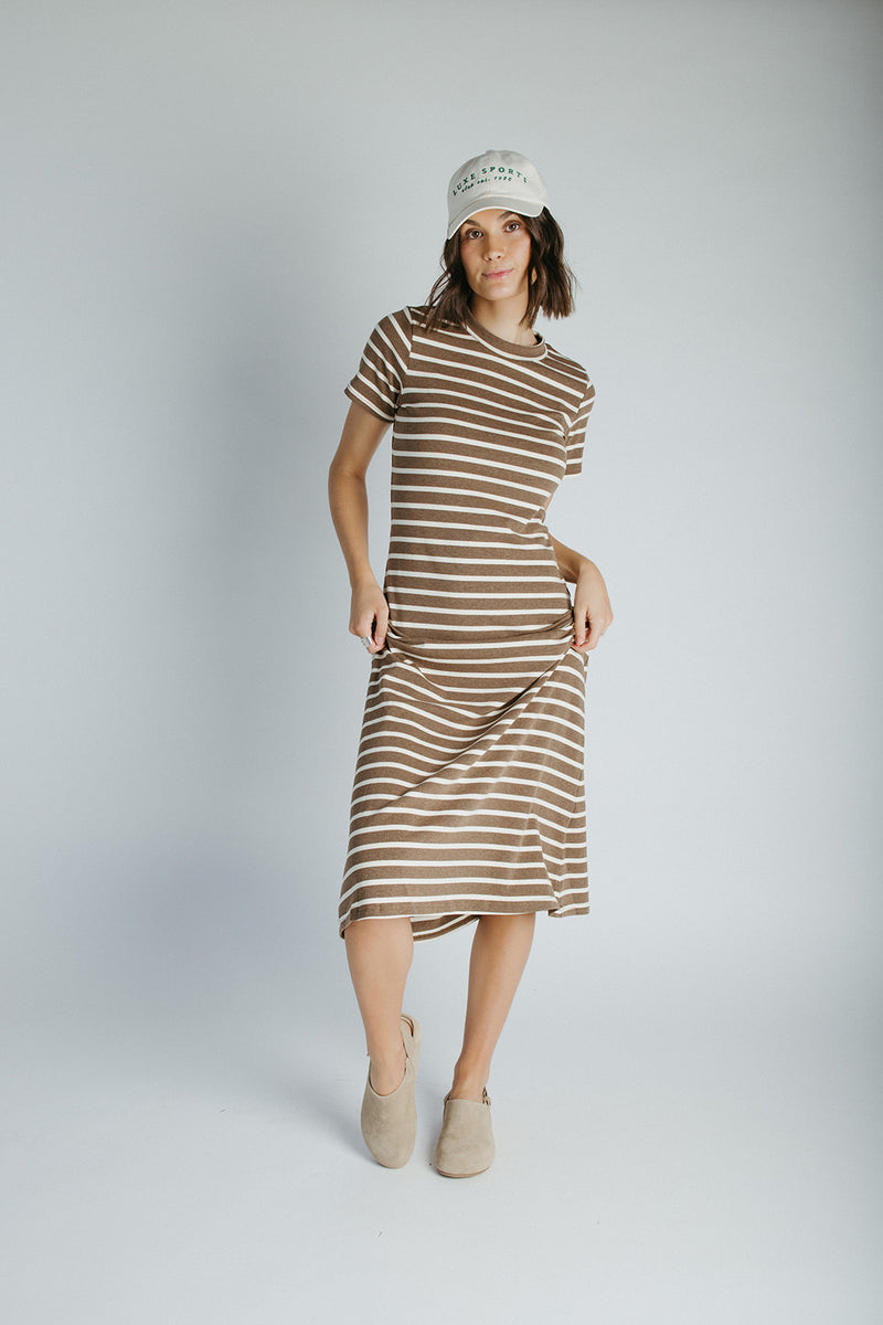 The Blaine Striped Midi Dress in Brown + Ivory
