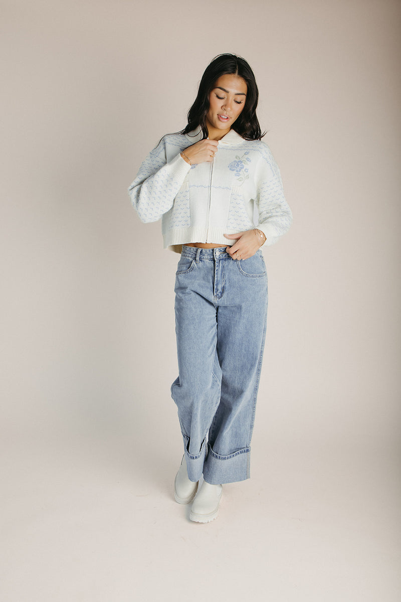 The Anita Rose Knit Jacket in Cream + Blue