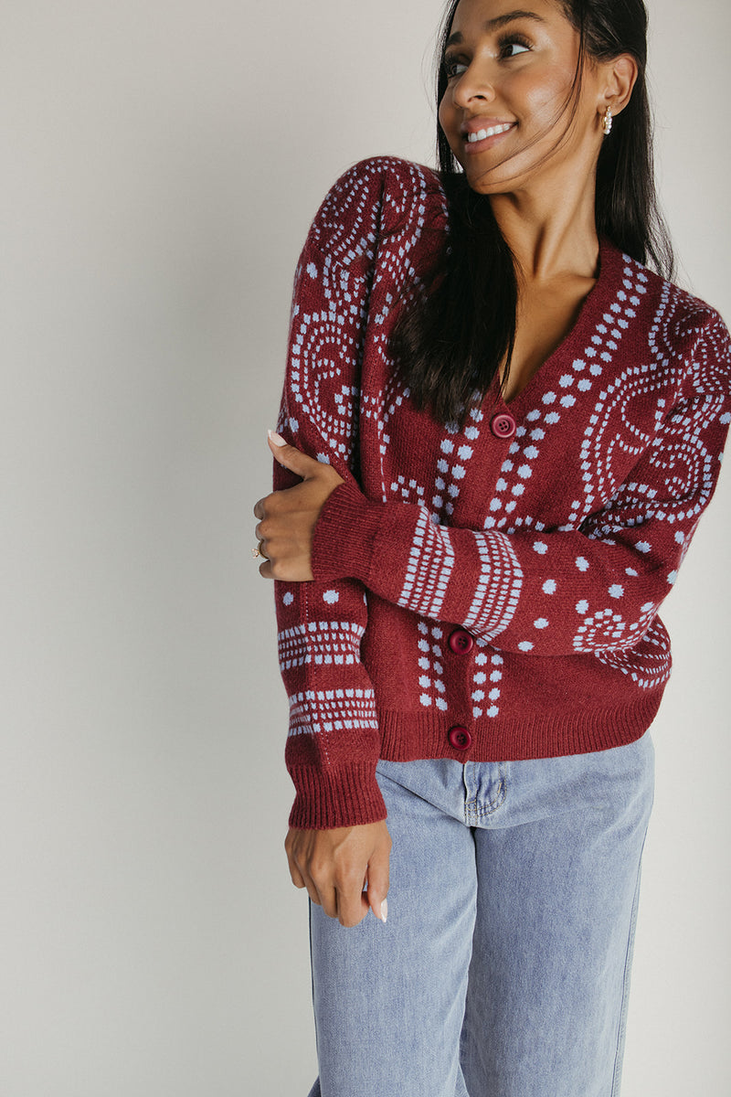 The Jepson Patterned Sweater in Plum + Sky Blue