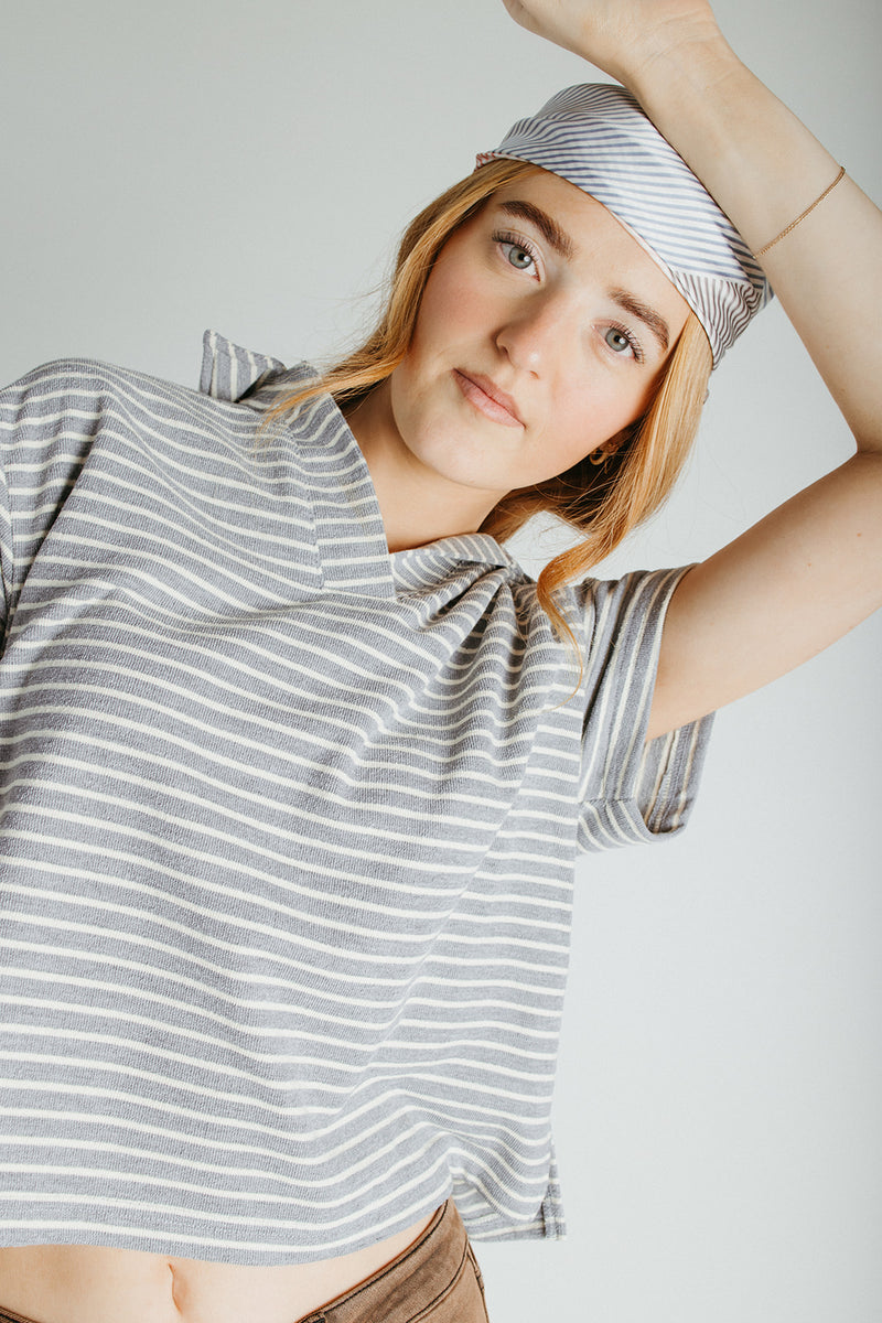 The Lando Collared Blouse In Grey + Cream Stripe