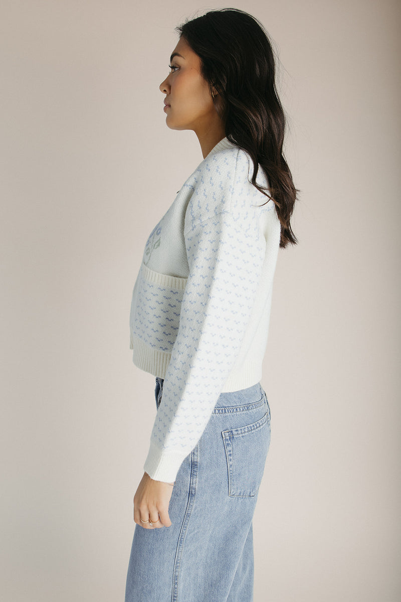 The Anita Rose Knit Jacket in Cream + Blue
