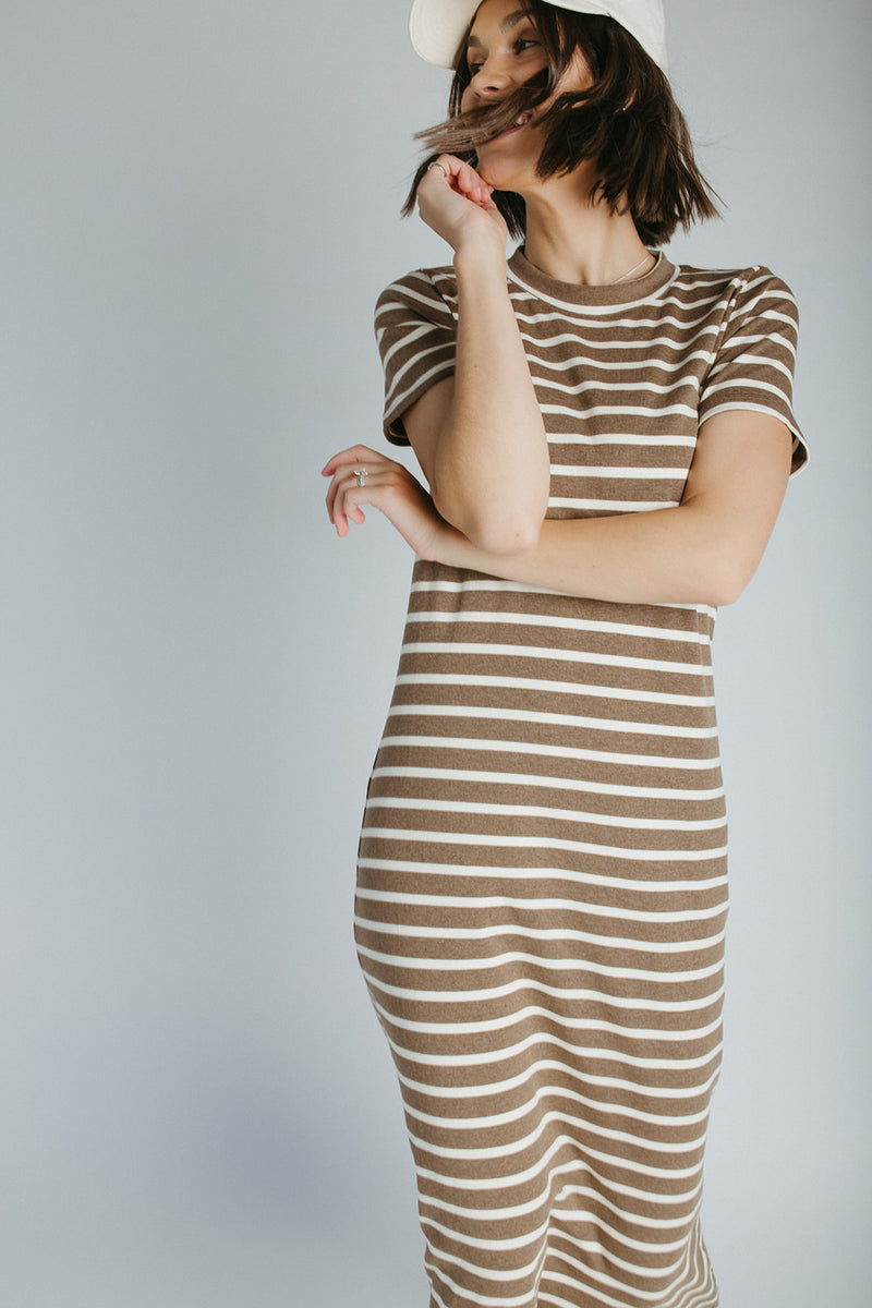 The Blaine Striped Midi Dress in Brown + Ivory