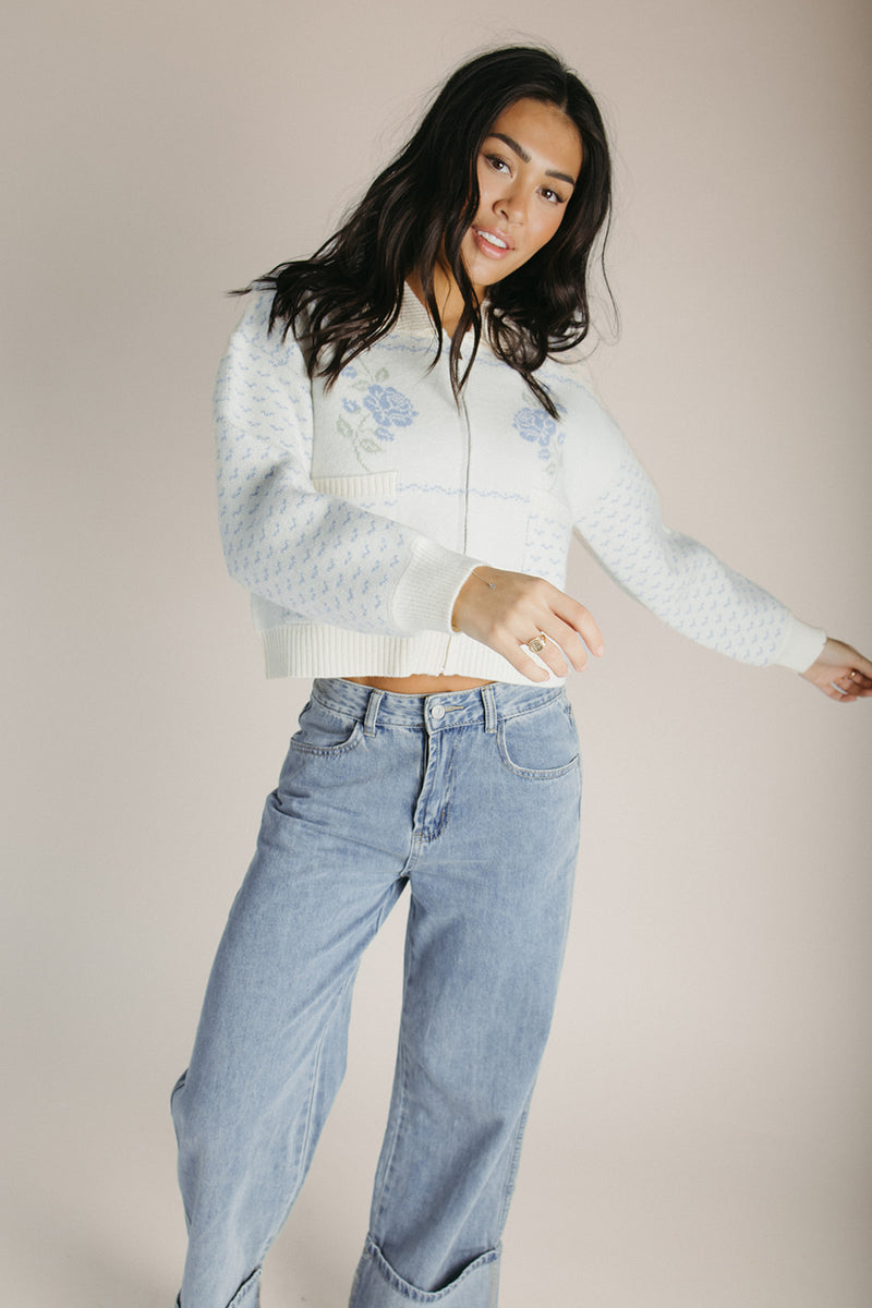 The Anita Rose Knit Jacket in Cream + Blue