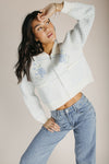 The Anita Rose Knit Jacket in Cream + Blue