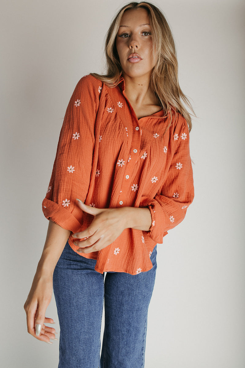 The Townsley Floral Embroidered Blouse in Rust