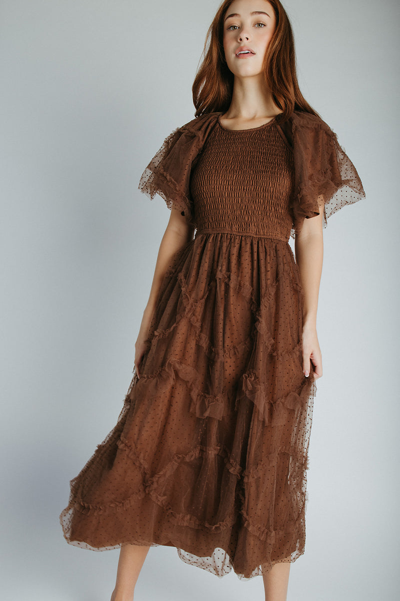 The Mazie Smocked Bodice Midi Dress in Brown