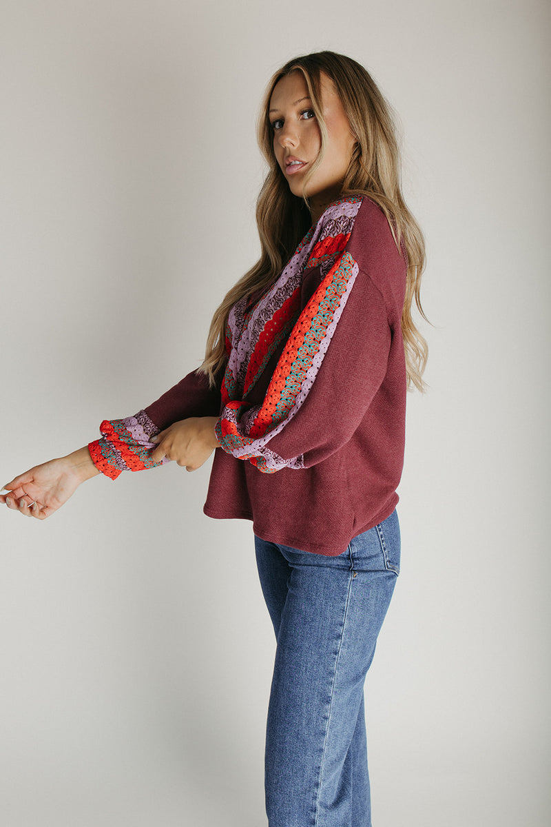 The Harper Crochet V-Neck Sweater in Burgundy Multi