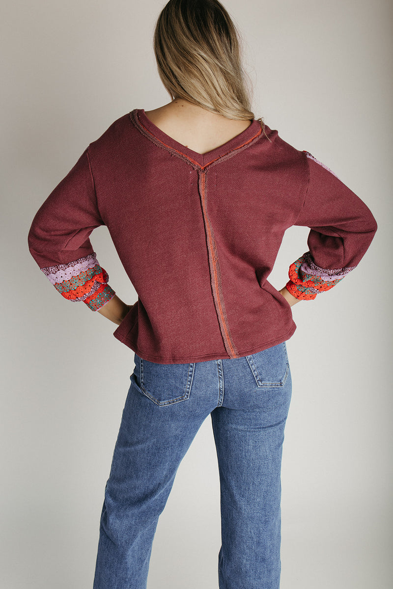 The Harper Crochet V-Neck Sweater in Burgundy Multi