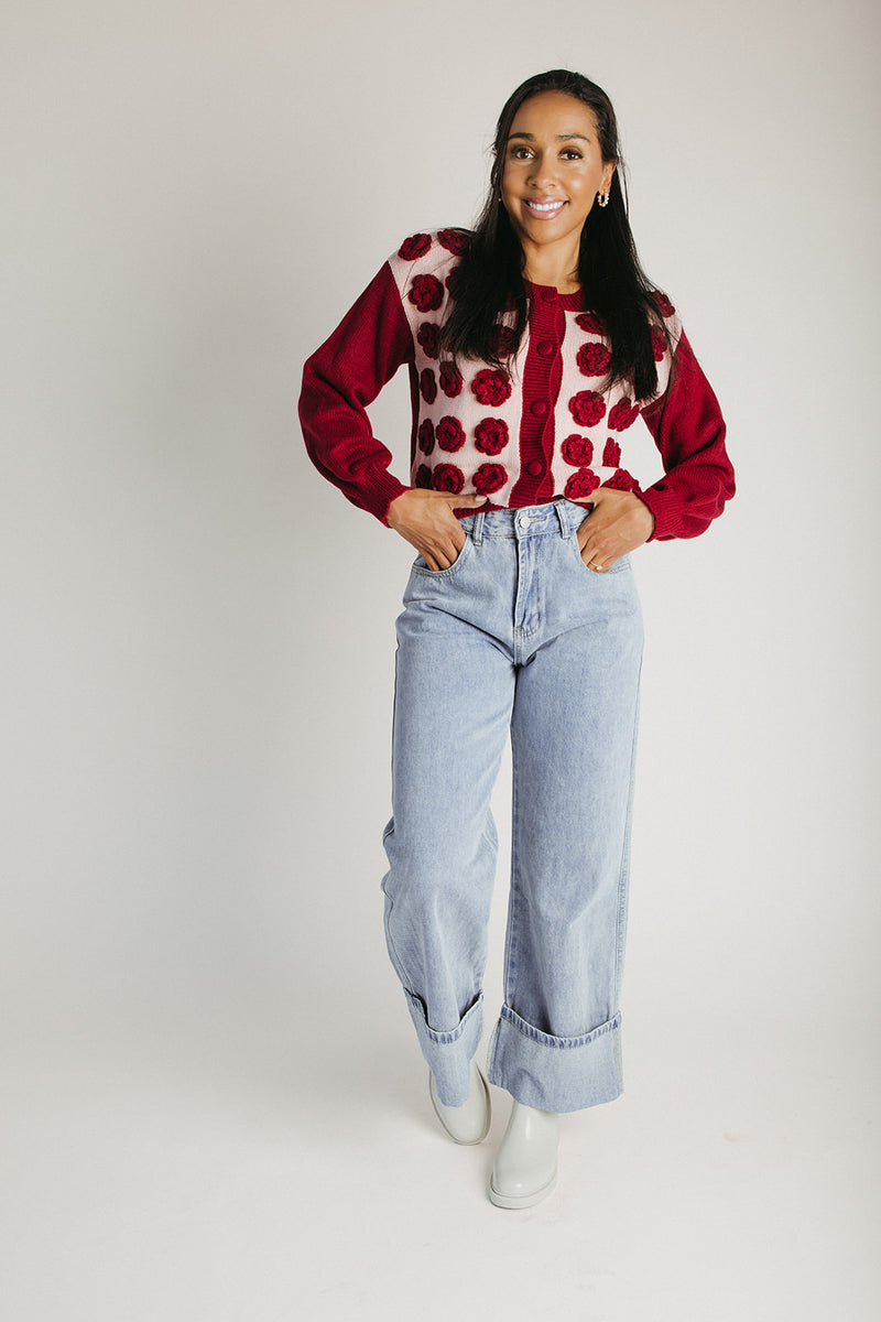 The Adkins Rose Applique Cardigan in Vintage Rose