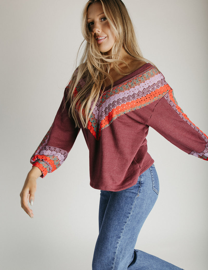 The Harper Crochet V-Neck Sweater in Burgundy Multi