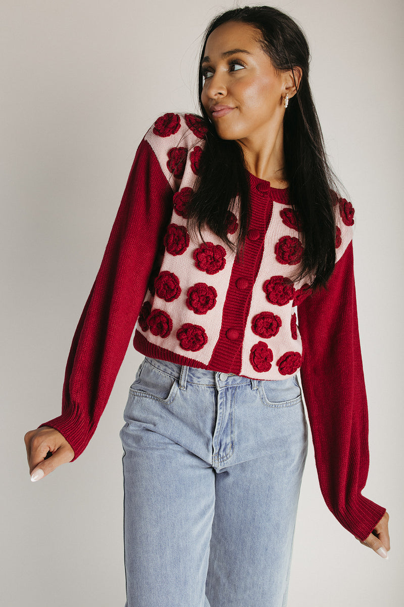 The Adkins Rose Applique Cardigan in Vintage Rose