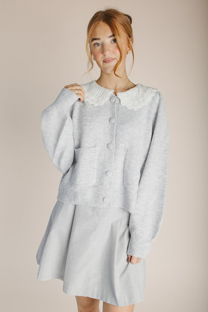 The Orzoco Frill Collar Cardigan in Heather Grey