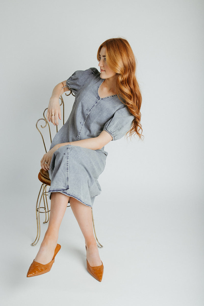 The Zora Button-Up Midi Dress in Medium Denim