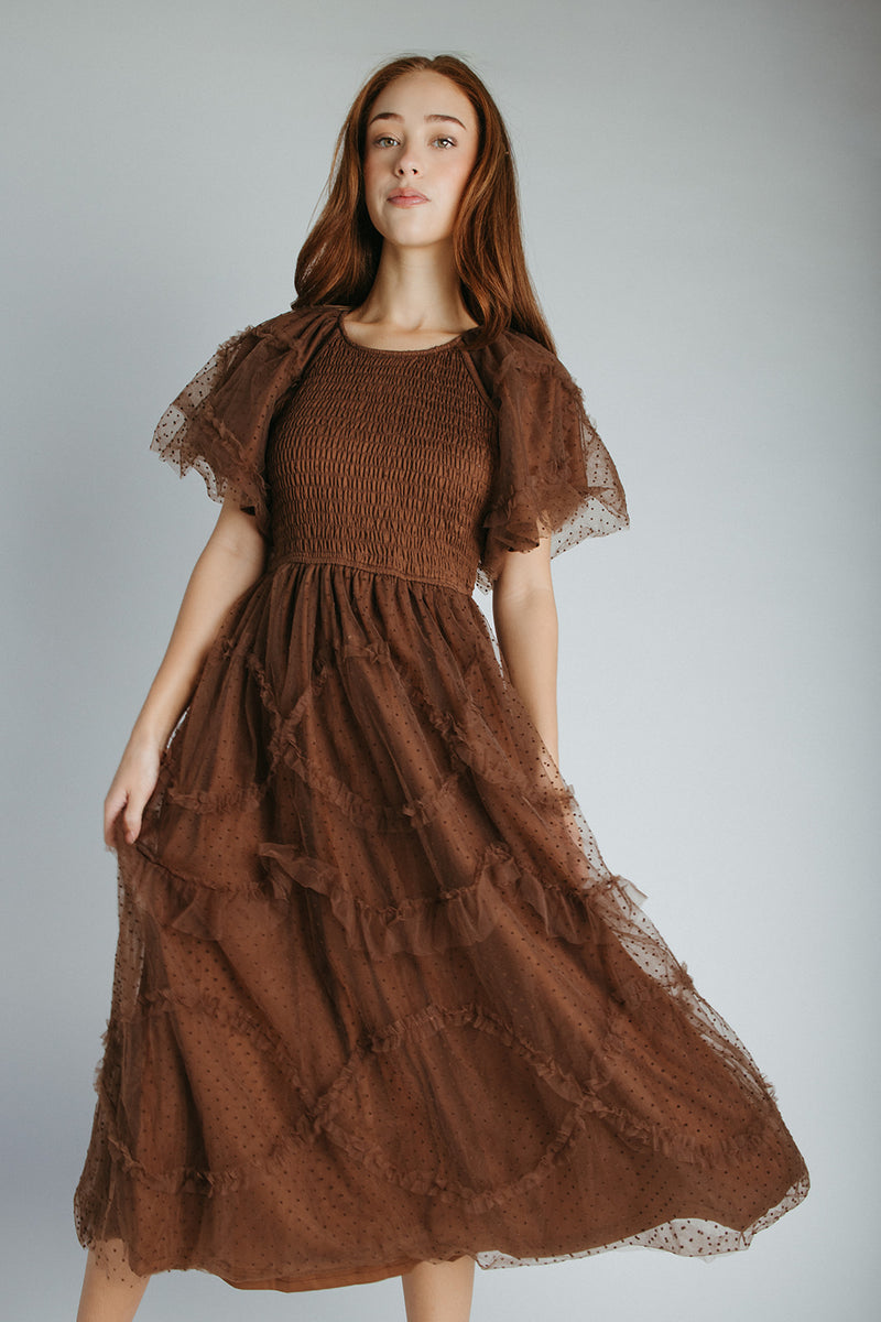 The Mazie Smocked Bodice Midi Dress in Brown Piper & Scoot The Mazie Smocked Bodice Midi Dress in Brown Piper & Scoot