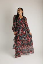 The Keshla Tiered Organza Maxi Dress in Black + Red