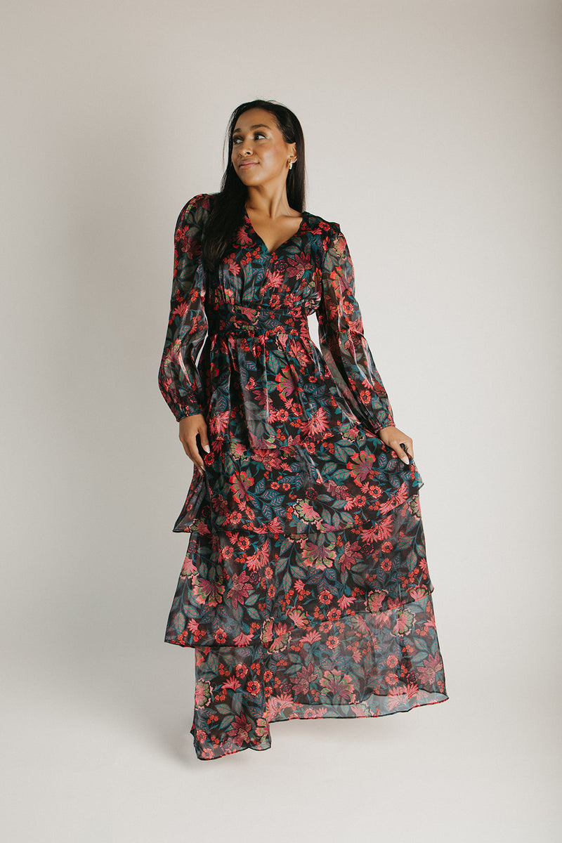 The Keshla Tiered Organza Maxi Dress in Black + Red