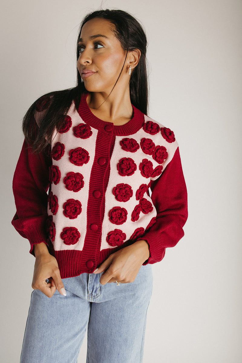 The Adkins Rose Applique Cardigan in Vintage Rose
