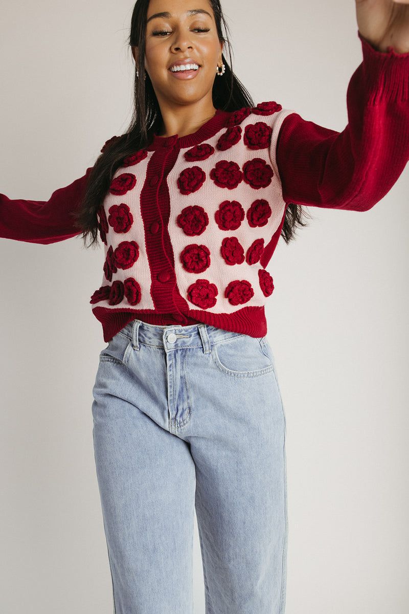 The Adkins Rose Applique Cardigan in Vintage Rose