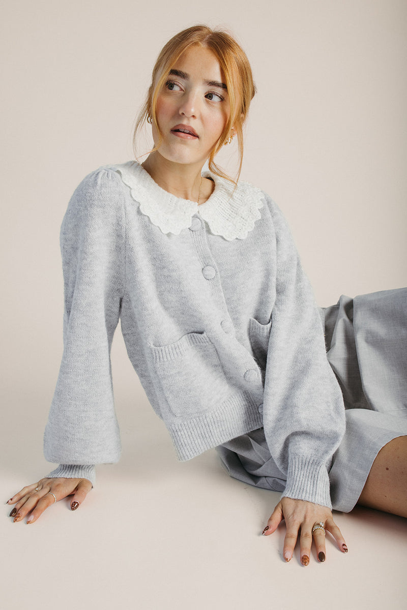 The Orzoco Frill Collar Cardigan in Heather Grey