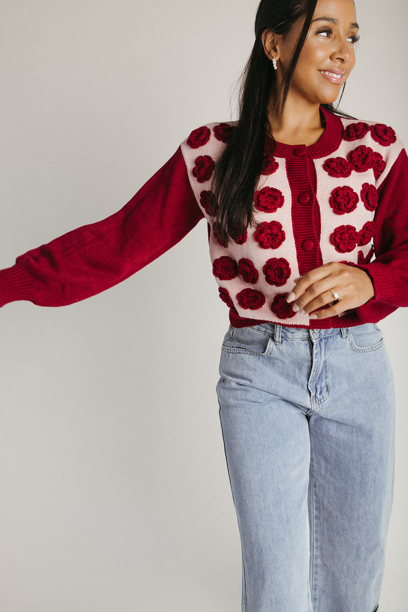 The Adkins Rose Applique Cardigan in Vintage Rose