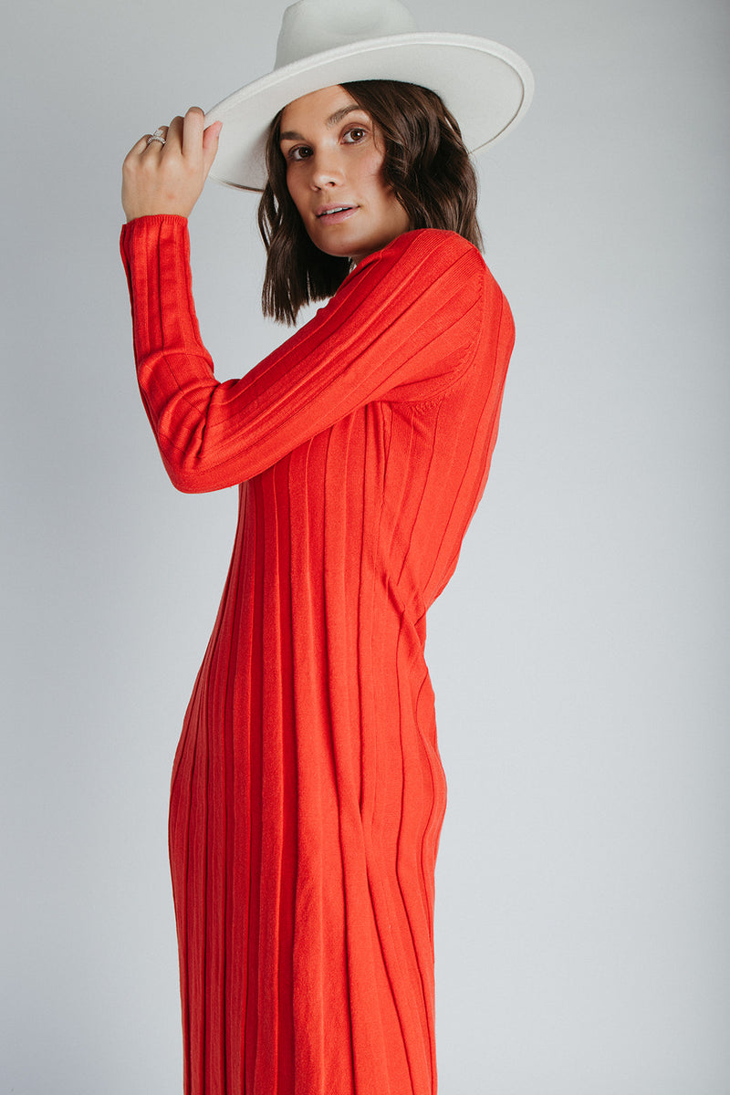 The Arden Ribbed Midi Sweater Dress in Red