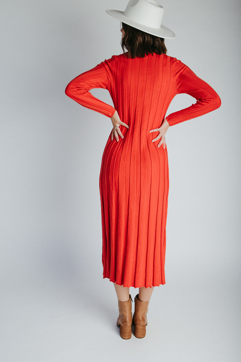 The Arden Ribbed Midi Sweater Dress in Red