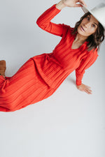 The Arden Ribbed Midi Sweater Dress in Red