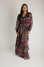 The Keshla Tiered Organza Maxi Dress in Black + Red