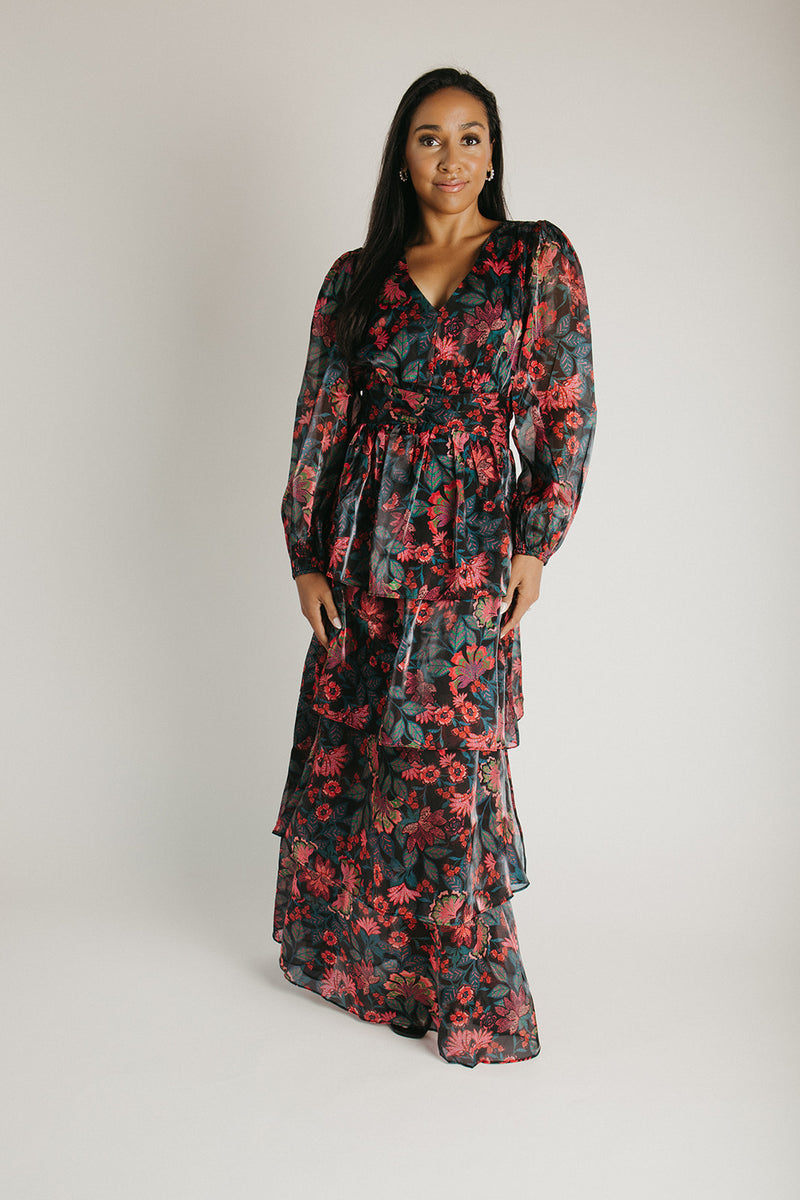 The Keshla Tiered Organza Maxi Dress in Black + Red