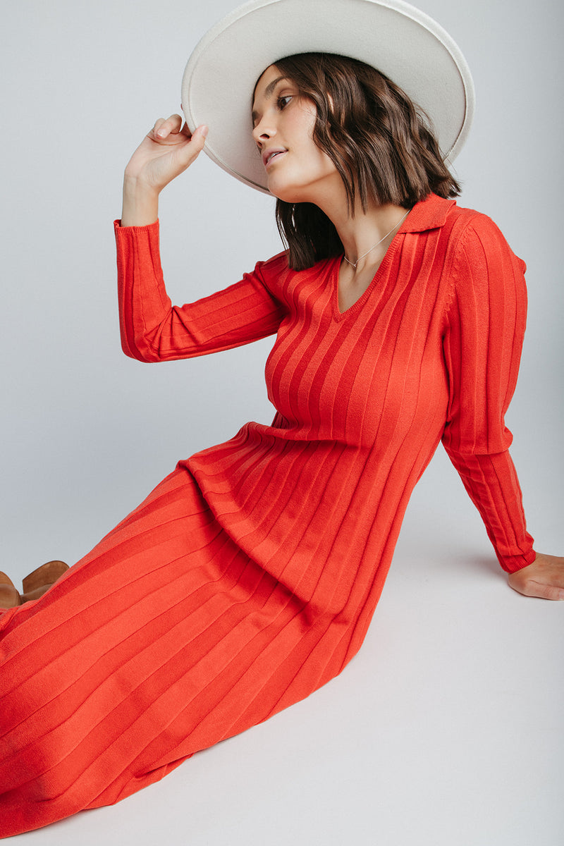 The Arden Ribbed Midi Sweater Dress in Red