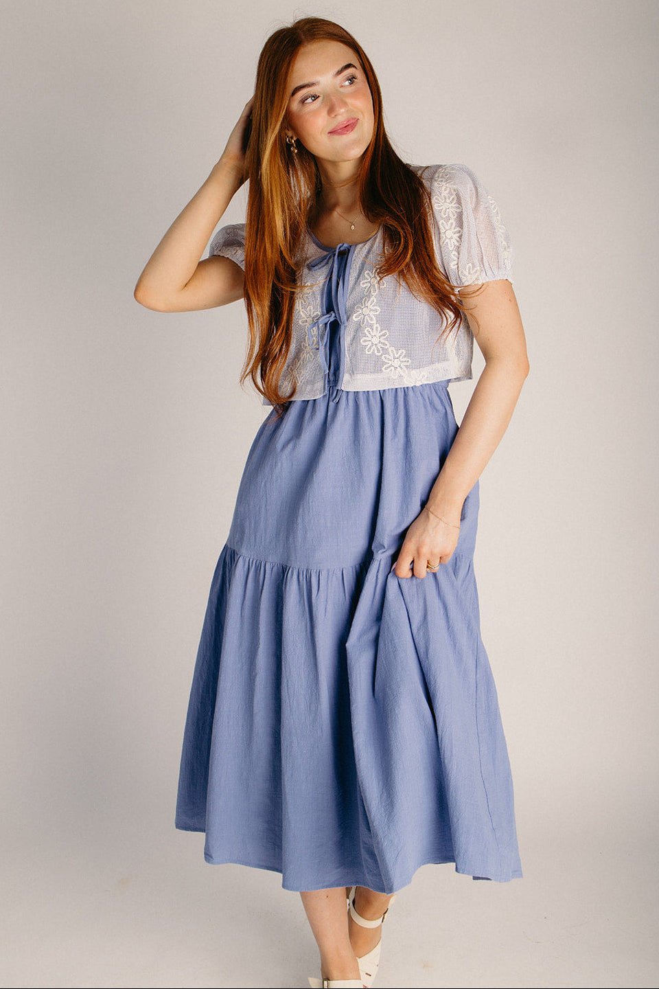 midi dress with cardigan The Edington Crochet Cardigan + Midi Dress Set in Powder Blue Small