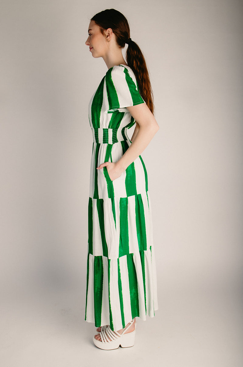 white and green maxi dress The Pilmar Smocked Waist Maxi Dress in Cream + Green Stripe X-Small