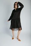 The Illiana Mixed Satin + Lace Midi Dress in Black