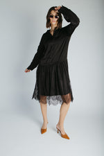 The Illiana Mixed Satin + Lace Midi Dress in Black