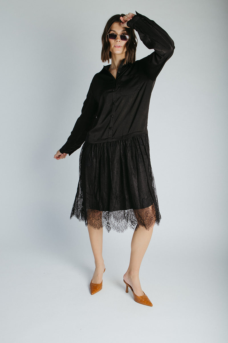 The Illiana Mixed Satin + Lace Midi Dress in Black