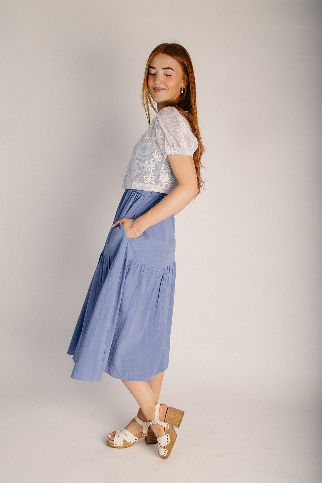 blue floral midi dress with cardigan The Edington Crochet Cardigan + Midi Dress Set in Powder Blue Small