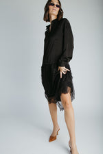 The Illiana Mixed Satin + Lace Midi Dress in Black