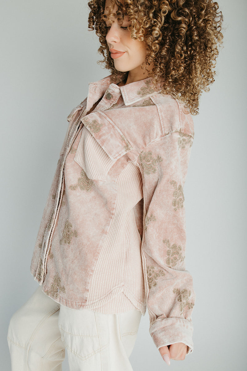 The Kimber Corduroy Embroidered Jacket in Washed Rose