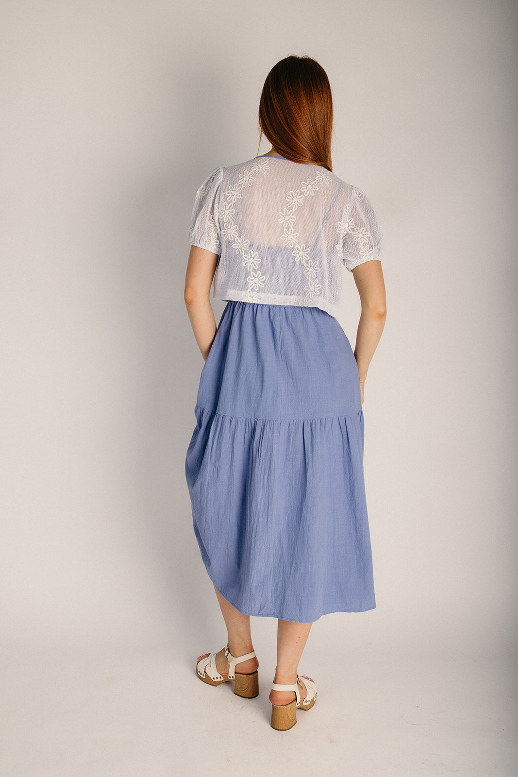 The Edington Crochet Cardigan + Midi Dress Set in Powder Blue Medium
