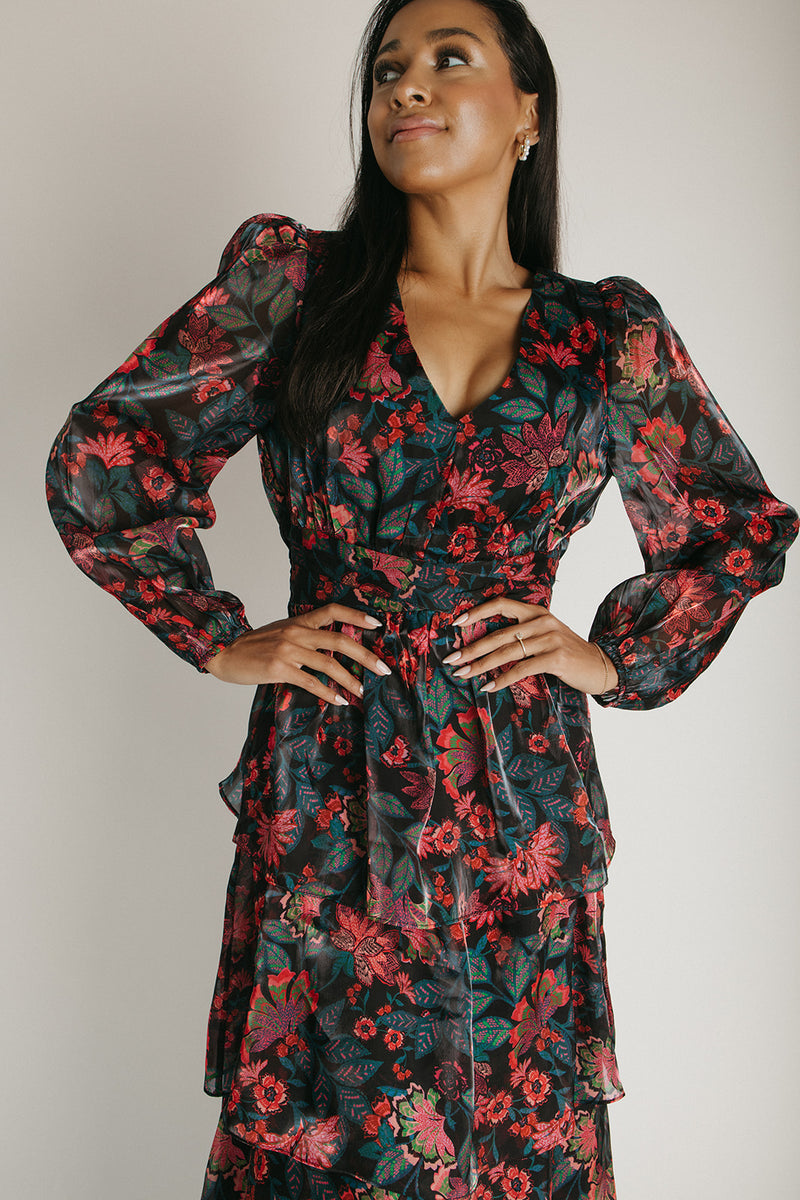 The Keshla Tiered Organza Maxi Dress in Black + Red