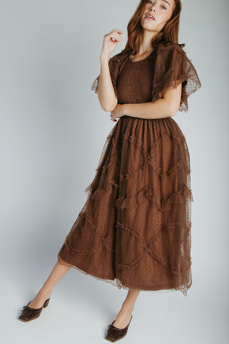 The Mazie Smocked Bodice Midi Dress in Brown Piper & Scoot The Mazie Smocked Bodice Midi Dress in Brown Piper & Scoot