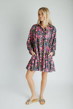 The Jarding Floral Tiered Dress in Navy + Fuchsia