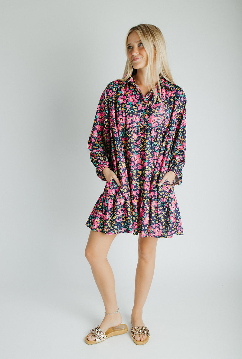 The Jarding Floral Tiered Dress in Navy + Fuchsia