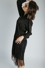The Illiana Mixed Satin + Lace Midi Dress in Black