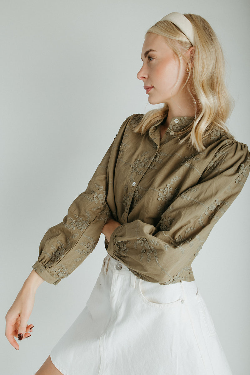 The Daniella Lace Button-Up Blouse in Olive
